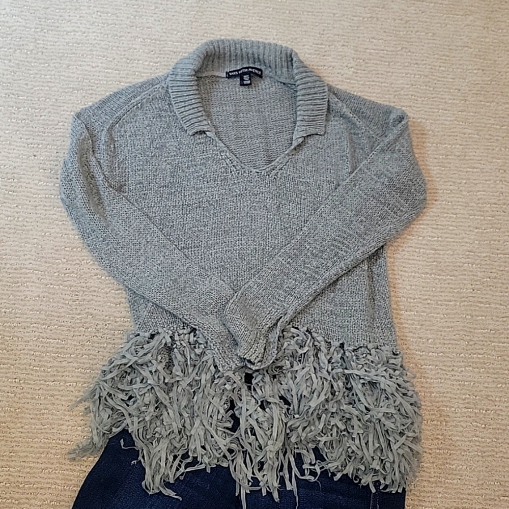 Saks Fifth Ave Cropped Fringe Boho Gray Sweater